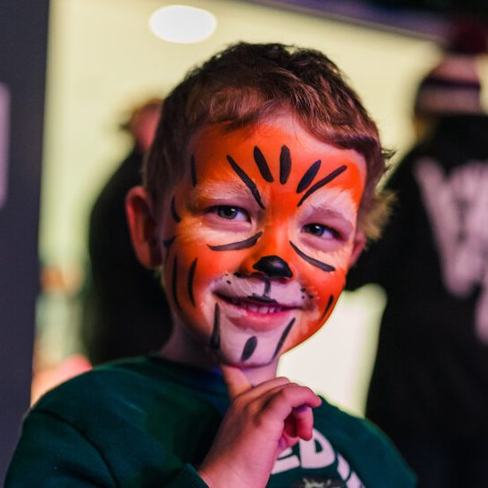 A litle boy is smiling with tiger face paint